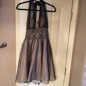 Taupe dress with sheer black overlay